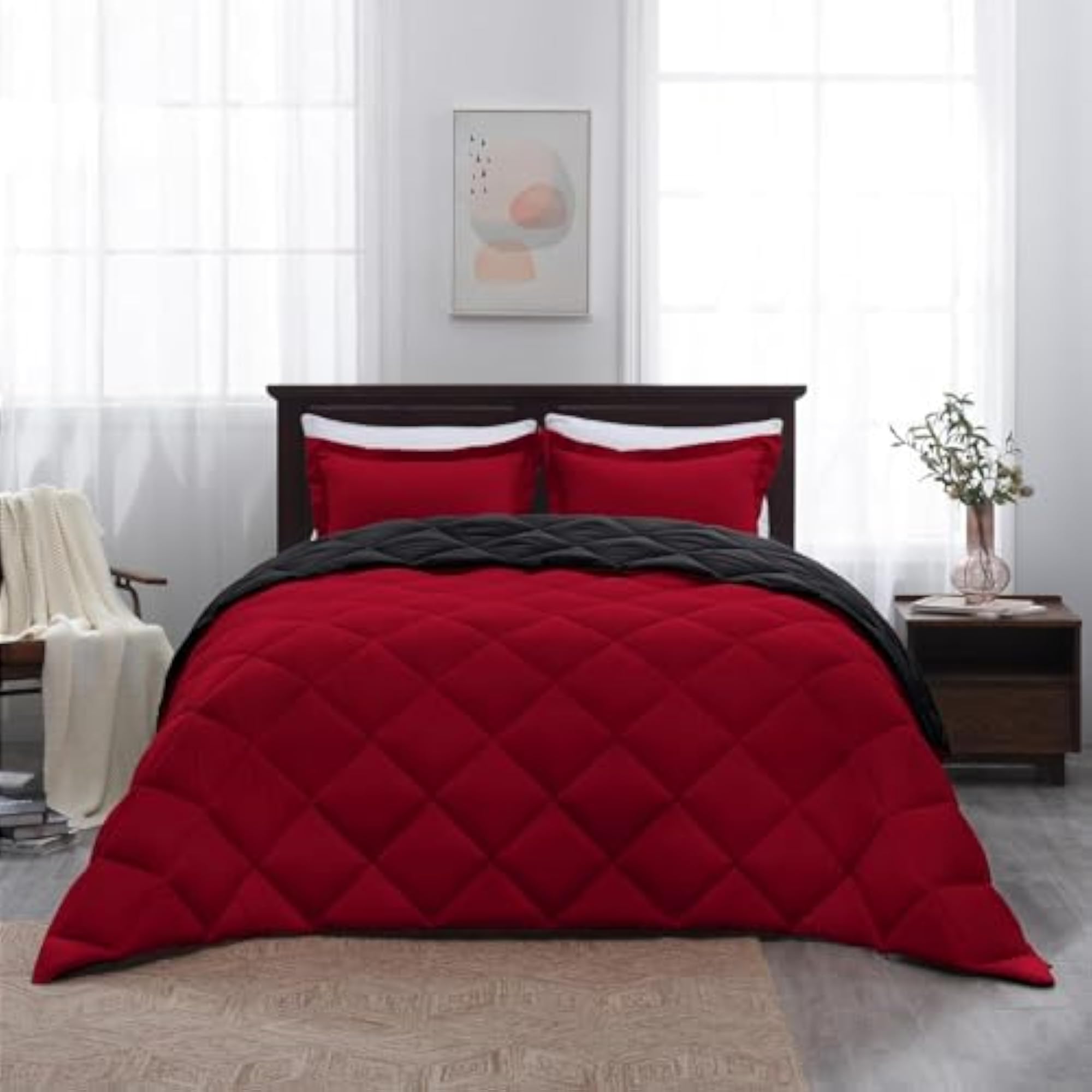 3PC Reversible Comforter Set, Lightweight Microfiber Quilt for King Size Double Bed